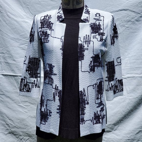 Ming Wang White Knit Jacket Black Embroidery - Picture 6 of 16